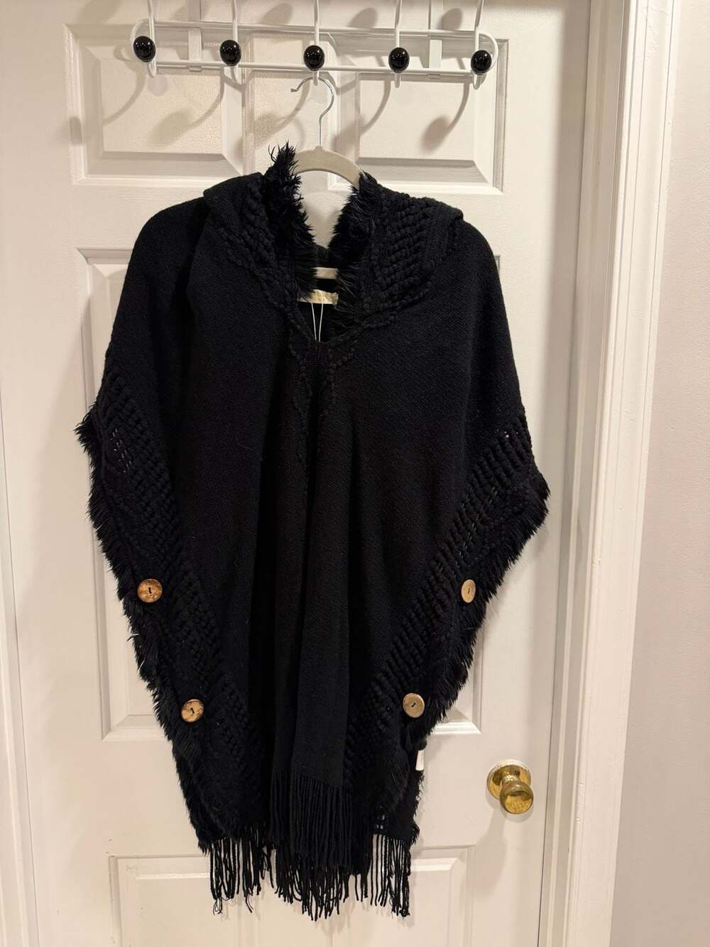 NWOT Seven Island  Black Fringe Shawl w Hood OSFM